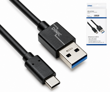 Cabo USB 3.1 tipo C - ficha 3.0 A, cabo de dados e de carregamento, 5Gbps, carregamento 3A, preto, caixa DINIC com orifício Euro, 1m