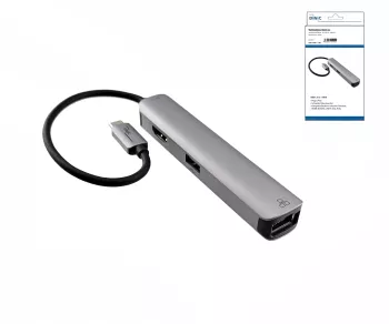 Adapter USB-C 5 w 1, HDMI 4K/60Hz, RJ45 3x USB-A (5G), aluminium, srebrny, DINIC box z eurootworem
