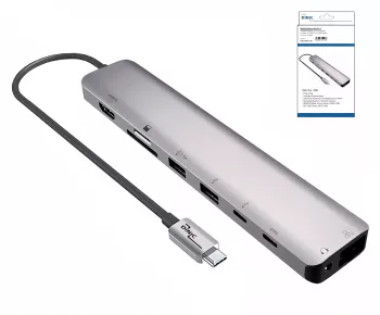 USB-C 9-in-1 adapter, HDMI 4K/60Hz, 3,5mm audio 2x USB-A, USB-C laad PD, USB-C data, SD/TF, RJ45, DINIC Box