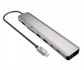 USB-C 9-in-1 adapter, HDMI 4K/60Hz, 3,5mm audio 2x USB-A, USB-C laad PD, USB-C data, SD/TF, RJ45, DINIC Box