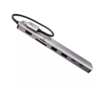 USB-C 9-in-1 adapter, HDMI 4K/60Hz, 3,5mm audio 2x USB-A, USB-C laad PD, USB-C data, SD/TF, RJ45, DINIC Box