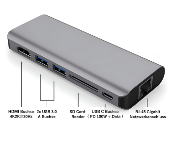 USB-C til 2x USB 3.0, HDMI, RJ45, SD, USB-C SD-kortlæser, 1x USB-C data + PD 100 W