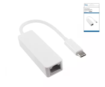 Adapter USB C Stecker / RJ45 Gbit LAN, 10/100/1000 Mbps mit Auto-Erkennung, weiß, DINIC Box mit Euroloch, Länge 0,20m