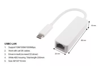 Adapter USB C plug / RJ45 Gbit LAN, 10/100/1000 Mbps with auto detection, white, DINIC polybag, length 0.20m
