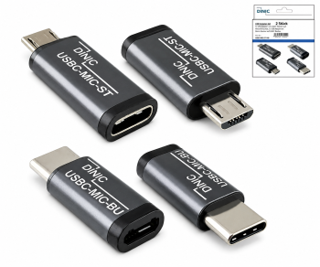 Conjunto, adaptador USB C macho para micro fêmea + C fêmea para micro macho 2x USB, alumínio, cinzento espacial, caixa DINIC com orifício europeu