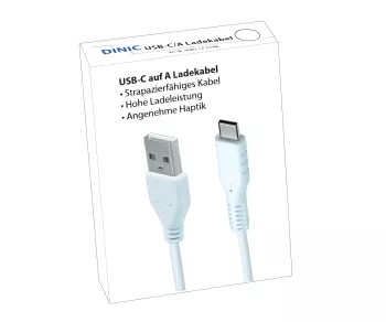 DINIC USB type C to A charging cable, type C to A plug, 5V, 3A, white, DINIC promotional box, 1.5m