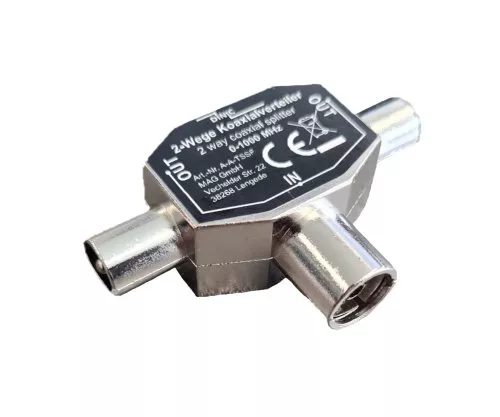 DINIC 2x Koaxial-Stecker auf Koaxial-Kupplung, zum Anschluss von 2 TV-Geräten auf 1 Antennendose, Metall