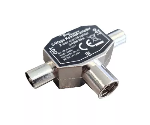DINIC 2x coaxial plug to coaxial coupling, for connecting 2 TV sets to 1 aerial socket, metal