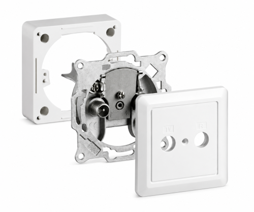 Antennecontactdoos 2-gats voor TV/radio, 10 dB, universeel voor inbouw en opbouw, steek-/eindcontactdoos, wit, DINIC blisterverpakking
