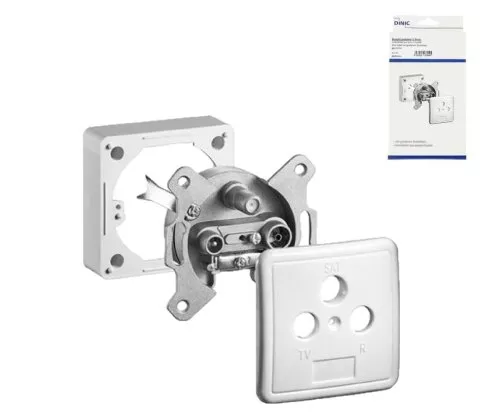 DINIC aerial socket 3-hole for TV and radio universal for flush and surface mounting, white, DINIC box with Euro hole