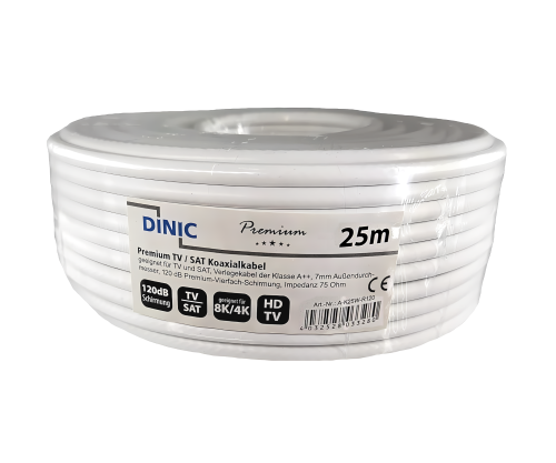 Coaxial TV / SAT installation cable, 120dB, class A++, 4-fold shielded, on roll, white, length 25.00m