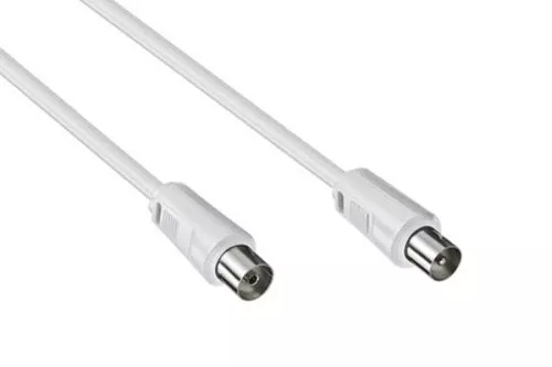 Cable coaxial de antena de clavija a toma, blanco, longitud 2,50 m, bolsa de polietileno