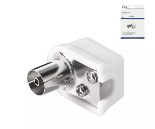 Raccordo a gomito coassiale DINIC in plastica (sottile), fissaggio a vite, connessione al cavo coassiale, scatola DINIC con foro Euro