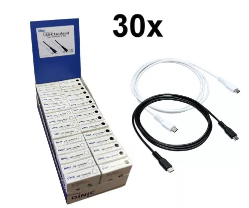 30x cabo de carregamento USB C para C 1,50m, misto preto e branco, em expositor DINIC