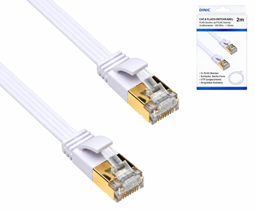 Cable de conexión Cat. 6, plano, PiMF/STP, blanco, caja DINIC con orificio europeo, longitud 2 m