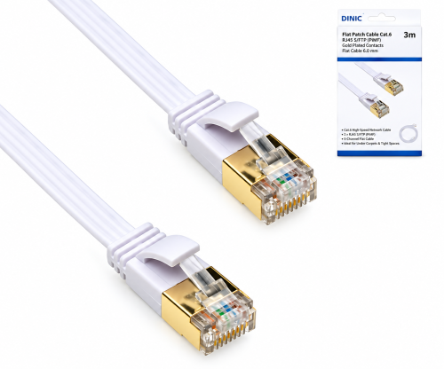 Cable de conexión Cat. 6, plano, PiMF/STP, blanco, caja DINIC con orificio europeo, longitud 3 m