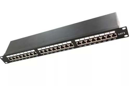 Patchpanel Cat.6/5e, 19 tum, 1 HE, 24 portar 24x RJ45-uttag, LSA, STP, helt skärmad, svart