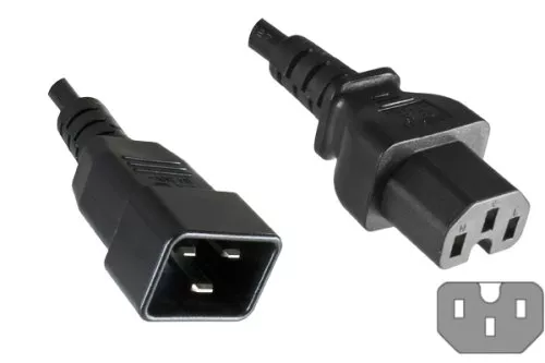 Warmgerätekabel C15 auf C20, 1mm², Verlängerung, VDE, schwarz, Länge 1,80m