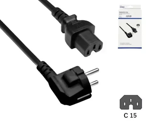 Võrgukaabel Euroopa CEE 7/7 90° kuni C15, 1mm², CEE 7/7 90°/IEC 60320 kuni C15, VDE, must, 1,8m, DINIC karbis