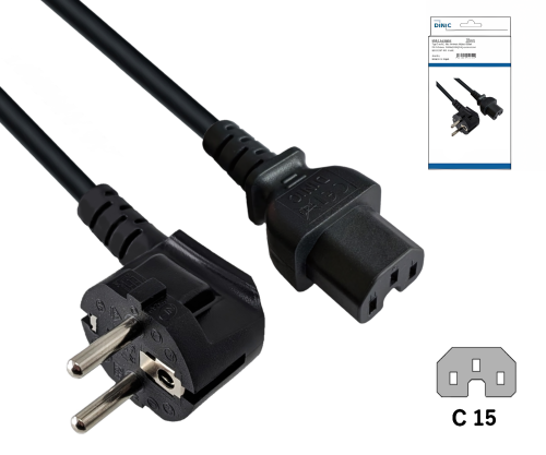 Netzkabel Europa CEE 7/7 90° auf C15, 1mm², CEE 7/7 90°/IEC 60320 auf C15, VDE, schwarz, DINIC Box mit Euroloch, Länge 1,80m