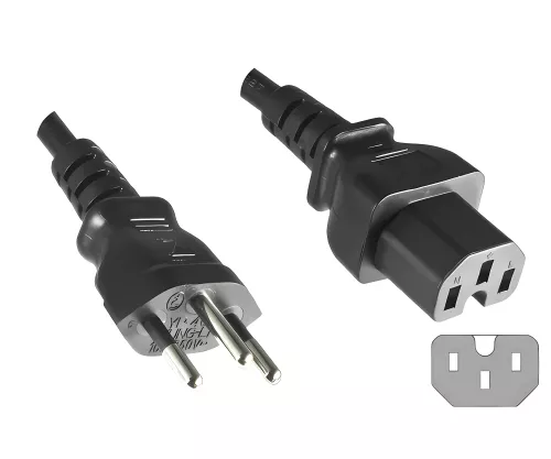 Netzkabel Schweiz Typ J (teilisoliert) auf C15 Warmgeräte, 1mm², Zulassung: SEV, schwarz, Länge 1,80m