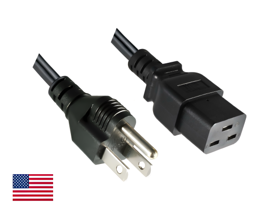 Câble secteur Amérique USA NEMA 5-15P, type B sur C19, AWG16, SJT, homologations : UL/CSA, noir, longueur 1,80m