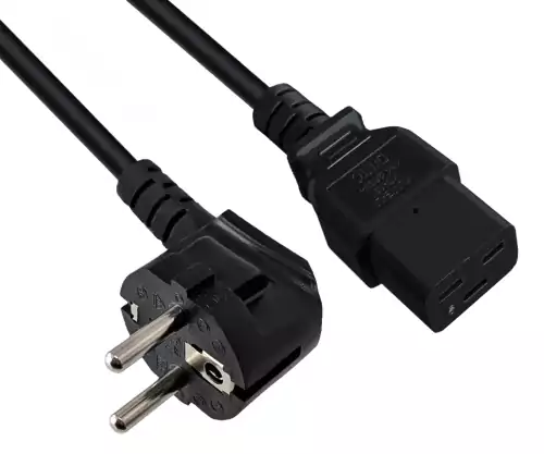 Netzkabel CEE 7/7 90° auf C19, 1,5mm², VDE, schwarz, Länge 3,00m