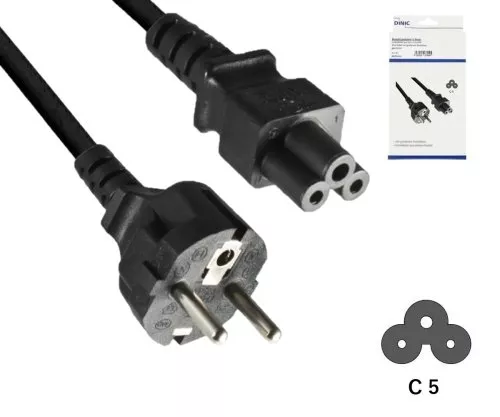 Mains cable Europe CEE 7/7 to C5, 0.75mm², CEE 7/7/IEC 60320 to C5, VDE, black, DINIC box with Euro hole, length 1.80m