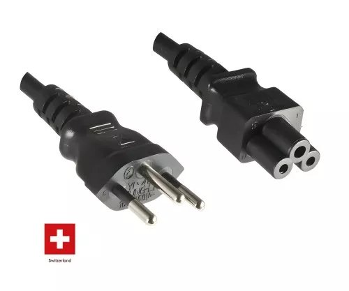 Netzkabel Schweiz Typ J (teilisoliert) auf C5, 0,75mm², Zulassung: SEV, schwarz, Länge 1,80m