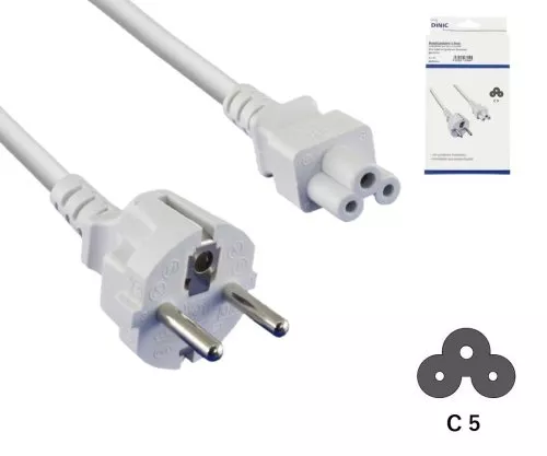 Nätkabel Europa CEE 7/7 till C5, 0,75mm², CEE 7/7/IEC 60320 till C5, VDE, vit, längd 1,80m, DINIC-förpackning