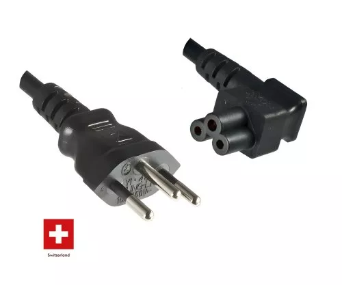 Netzkabel Schweiz Typ J (teilisoliert) auf C5 90°, 0,75mm², Zulassung: SEV, schwarz, Länge 3,00m Netzkabel Schweiz Typ J (teilisoliert) auf C5 90°, 0,75mm², Zulassung: SEV, schwarz, Länge 3,00m