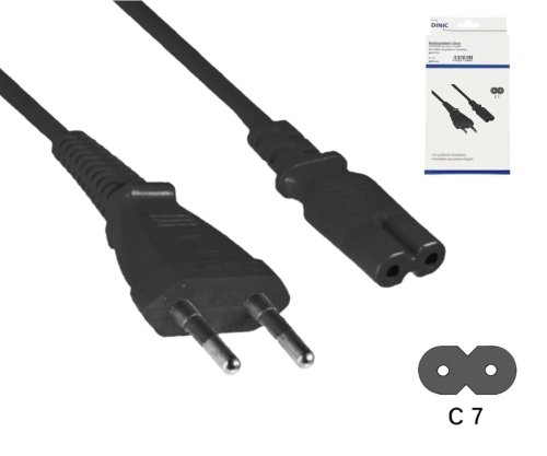Virtajohto Euro-pistoke tyyppi C-C7, 0.75mm², Euro-pistoke/IEC 60320-C7, VDE, musta, DINIC-kotelo, pituus 5.00m.