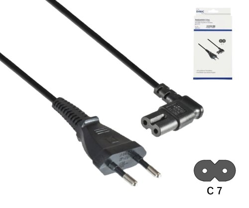 Kabel sieciowy kątowy typu C do C7, 0,75 mm², wtyczka Euro/IEC 60320-C7, VDE, czarny, puszka DINIC, długość 2,00 m