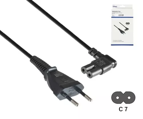 Type C to C7 angled mains cable, 0.75mm², Euro plug/IEC 60320-C7, VDE, black, DINIC box, length 2.00m