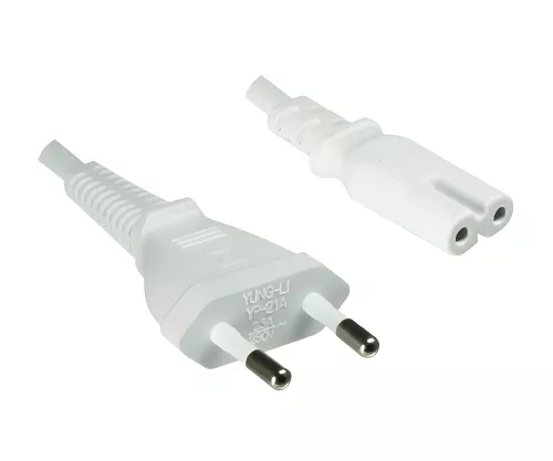 Power cord Euro plug type C to C7, 0,75mm², VDE, white, length 2,00m