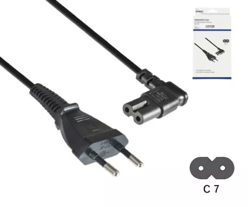 Power cable Euro plug type C to C7, 0.75mm², Euro plug/IEC 60320-C7, VDE, black, DINIC box with Euro hole, length 3.00m