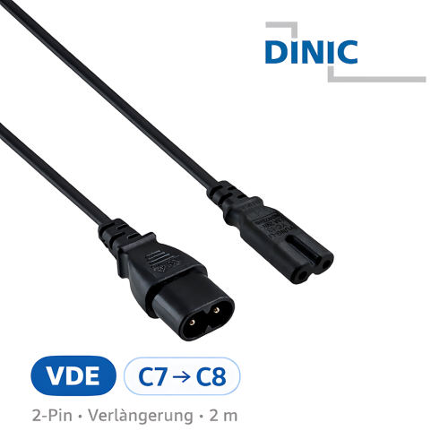 Netzkabel C8 auf C7 Verlängerung, 0,75mm², VDE, schwarz, Länge 2,00m