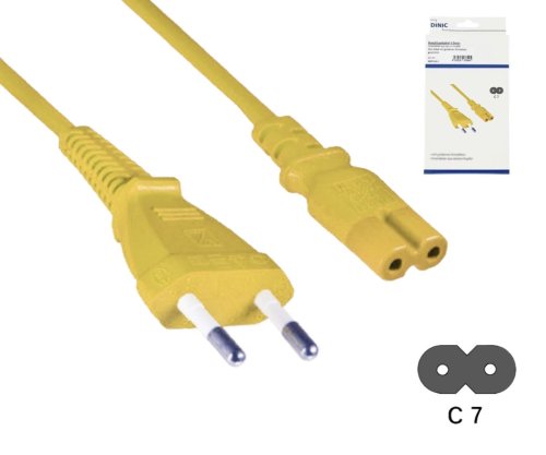 Netzkabel Eurostecker Typ C auf C7, 0,75mm², Eurostecker/IEC 60320-C7, VDE, gelb, DINIC Box mit Euroloch, Länge 1,80m