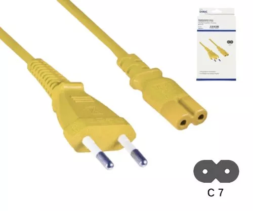 Voedingskabel Eurostekker type C naar C7, 0,75mm², Eurostekker/IEC 60320-C7, VDE, geel, lengte 1,80m, DINIC doos