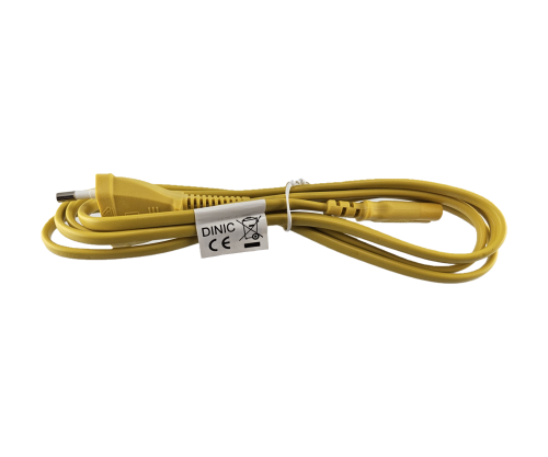 Câble secteur prise européenne type C sur C7, 0,75mm², prise européenne/IEC 60320-C7, VDE, jaune, DINIC Box avec trou européen, longueur 1,80m