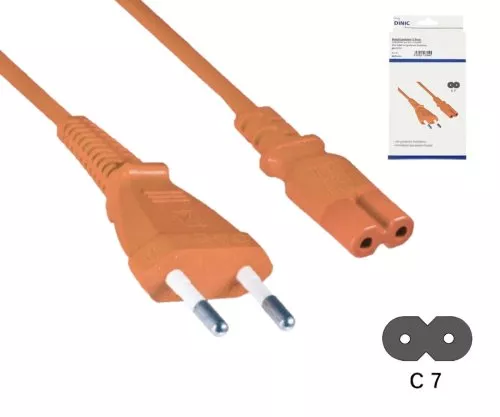 Kabel zasilający z wtyczką Euro typu C do C7, 0,75 mm², wtyczka Euro/IEC 60320-C7, VDE, pomarańczowy, długość 1,80 m, puszka DINIC