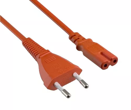 Power cable Euro plug type C to C7, 0.75mm², VDE, orange, length 1.80m