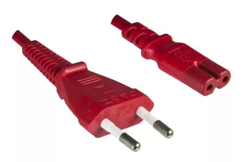 Power cord Euro plug type C to C7, 0,75mm², VDE, red, length 1,80m