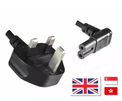 Netzkabel England UK Typ G 3A auf C7 gewinkelt (unten), 0,75mm², Zulassung: ASTA, schwarz, Länge 1,80m Netzkabel England UK Typ G 3A auf C7 gewinkelt (unten), 0,75mm², Zulassung: ASTA, schwarz, Länge 1,80m
