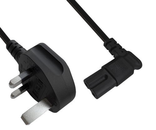 Tīkla kabelis England UK G tips 3A uz C7 leņķveida (kreisais, labais), 0,75 mm², apstiprinājums: ASTA, melns, garums 1,80 m