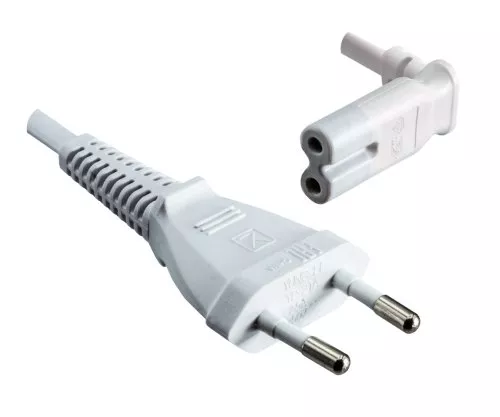 Euro plug type C to C7 90° angled at the bottom, 0.75mm², VDE, white, length 2.00m
