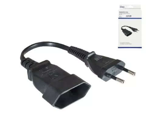 Cable de alimentación euroconector a euroconector, 0,75 mm², euro CEE 7/16, alargador, VDE, negro, longitud 0,20 m, caja DINIC