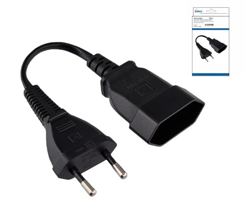 Cable de alimentación de clavija Euro a toma Euro, 0,75 mm², Euro CEE 7/16, prolongación, negro, caja DINIC con orificio Euro, longitud 0,20 m
