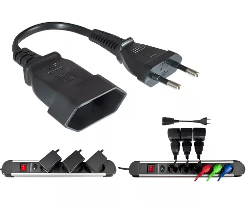 Strømkabel Euro-plugg til Euro-kontakt, 0,75 mm², Euro CEE 7/16, skjøteledning, svart, DINIC-boks med Euro-hull, lengde 0,20 m
