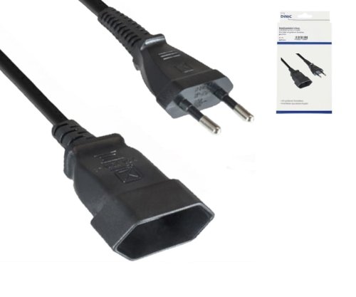 Cable de alimentación euroconector a euroconector, 0,75 mm², euro CEE 7/16, prolongación, VDE, negro, caja DINIC con orificio euro, longitud 2,00 m